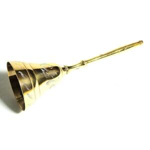 Vintage ETCHED BRASS BELL Made In India Long Handle Great Sound 6.25" Tall